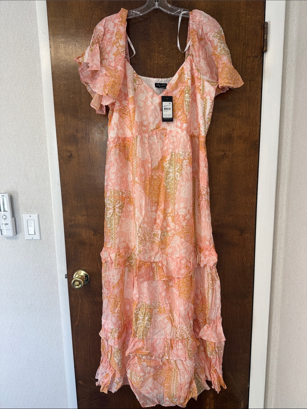 City Chic Peach and Gold Floral Ruffle Maxi Dress
